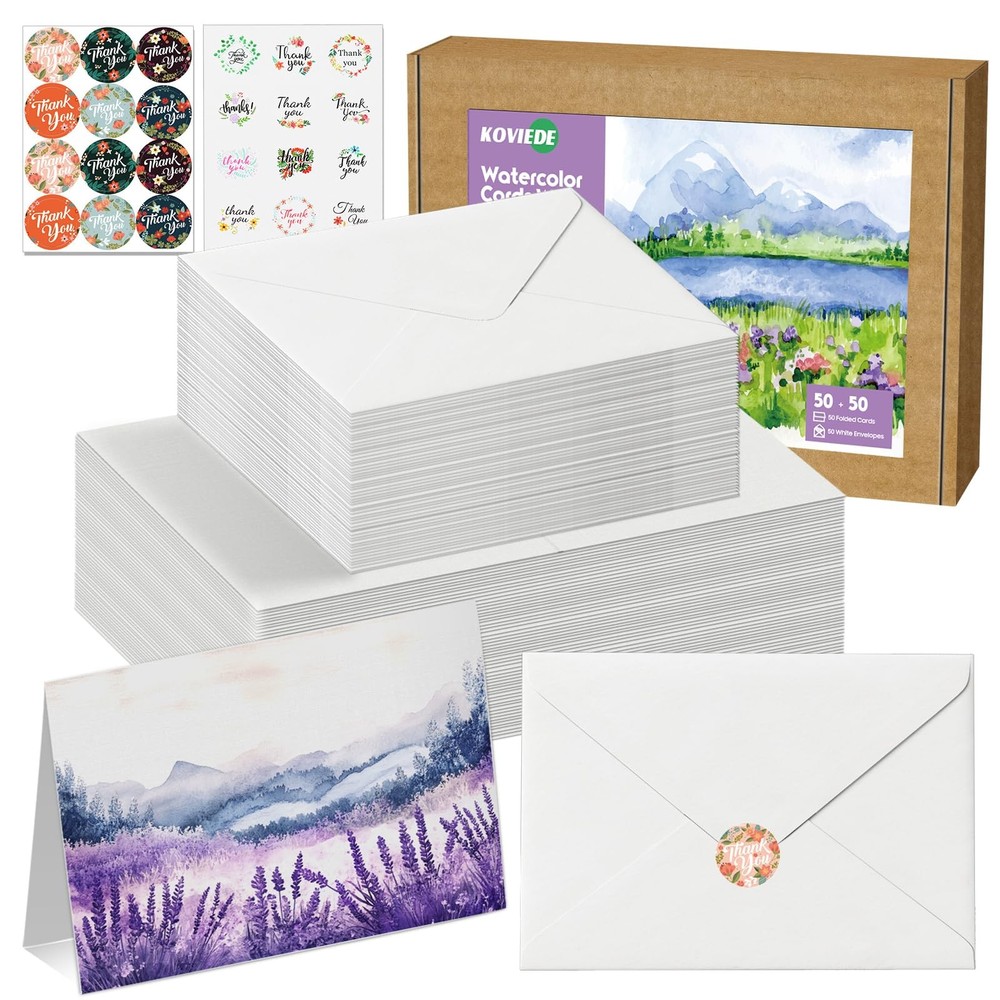 50 Pack Foldable Blank Watercolor Cards with Envelopes 4 x 6 Inch, 140lb Heav…