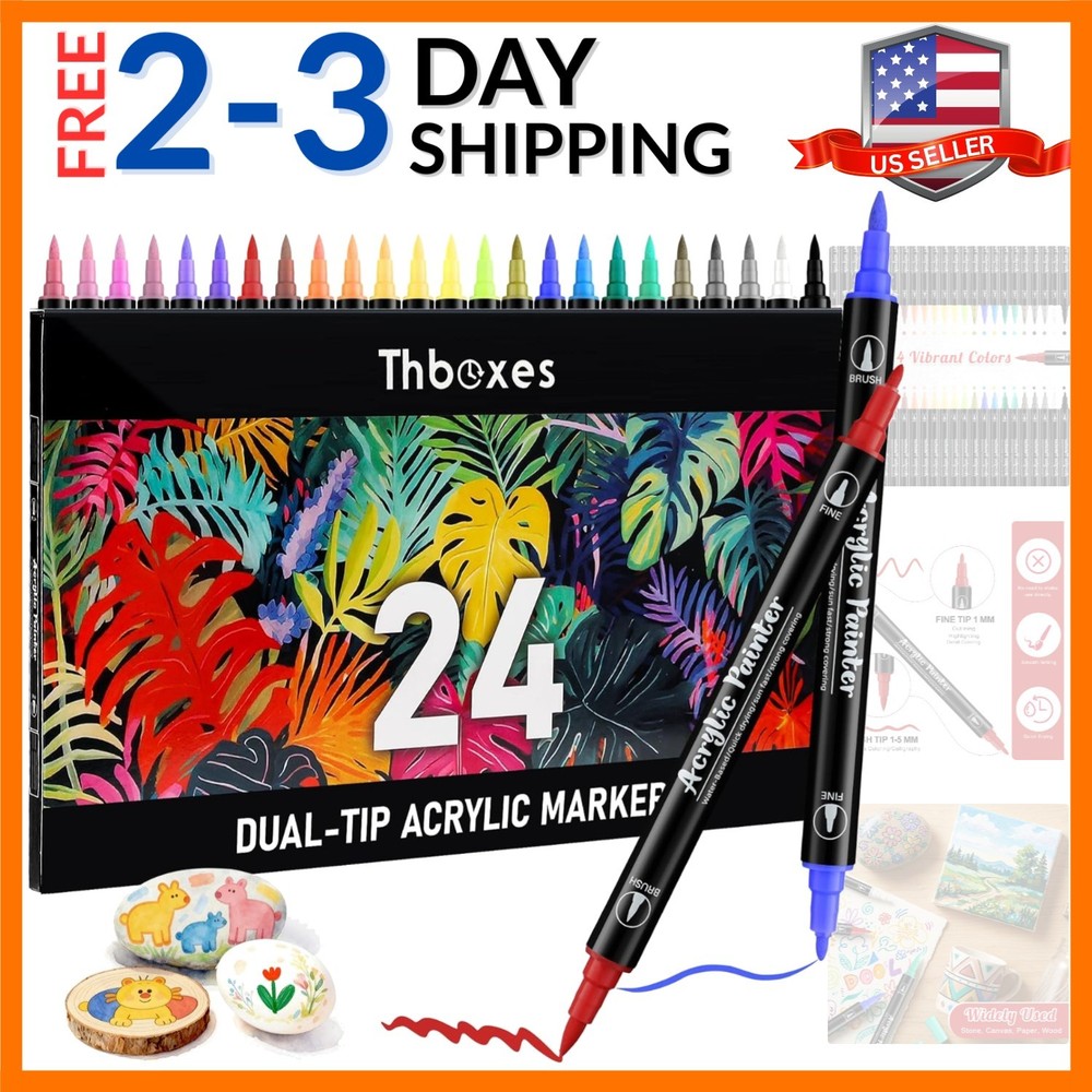 24 Colors Acrylic Paint Markers – Waterproof Dual Tip Paint Pens for Rock Pai…