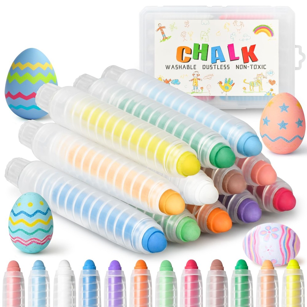 Dustless Chalk for Kids Toddlers – Colored Sidewalk Chalk with Holder 12 Pcs …
