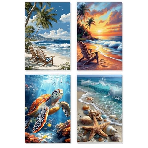 4 Pack Paint by Numbers for Adults with Wooden Framed, Beach blue-beach