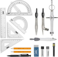 Precision Geometry Set 15 Pc Compass Protractor Ruler Divider Math Tools Kit