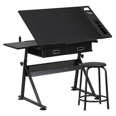 Drafting Drawing Table Adjustable Art Craft Desk w/Drawer & Stool for Home Black