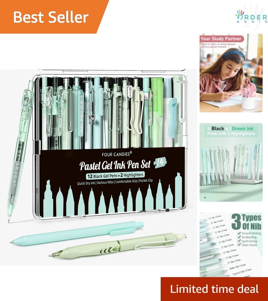Gel Pen Set with Black Green Ink 0.5mm Retractable Highlighters for School Of…