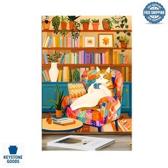 Adult Cat & Bookshelf Paint by Numbers Kit – 11.8×15.8 Inch DIY Canvas Art