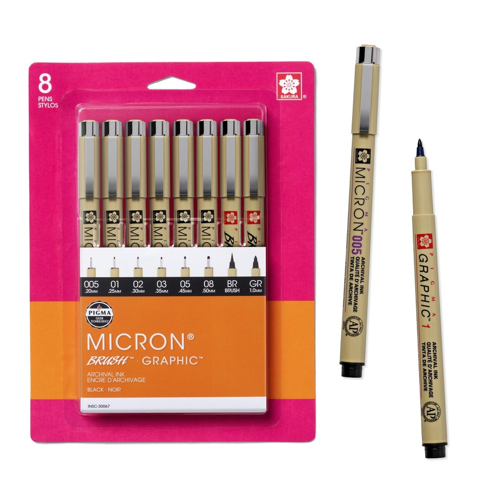 Pigma Micron, Graphic & Brush Fineline Pens, Archival Black Ink, 8 PK 30067