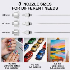 Dual-Action Gravity Airbrush Gun Kit with 4 Cleaners, 0.2/0.3/0.5mm Nozzles, Bru