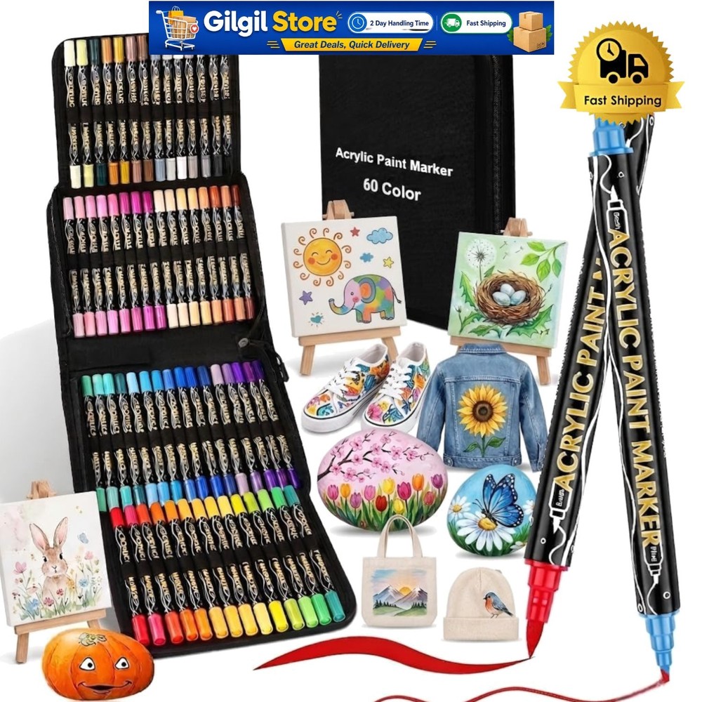 60 Vibrant Dual Tip Acrylic Paint Markers for Artistic Expression – Non-Toxic