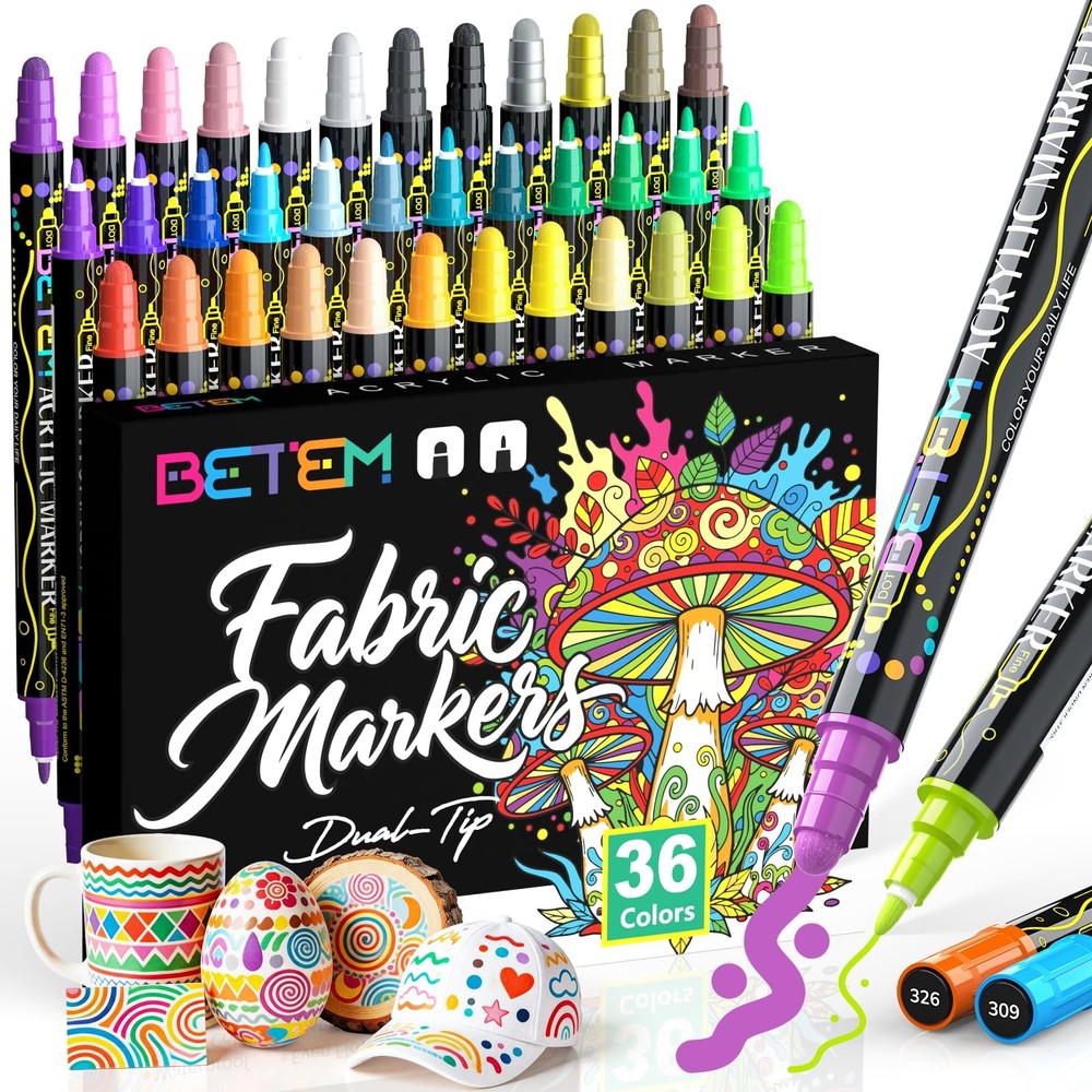 36 Colors Dual Tip Acrylic Paint Markers, Fabric Decorating Kits Premium Wate…