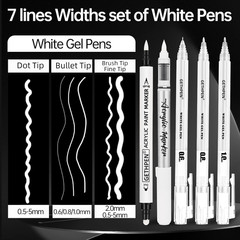 GETHPEN White Ink Pens, Fine Point Gel Pens, Brush Tip Acrylic Markers,White Pai