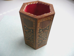 BROWN WODDEN KHATAM KARI PERSIAN PENCIL HOLDER in 6 SIDES HEXAGON SHAPE BOX