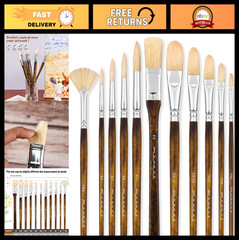 11pcs Professional Hog Bristle Paint Brush Set for Oil, Acrylic & Gouache Art