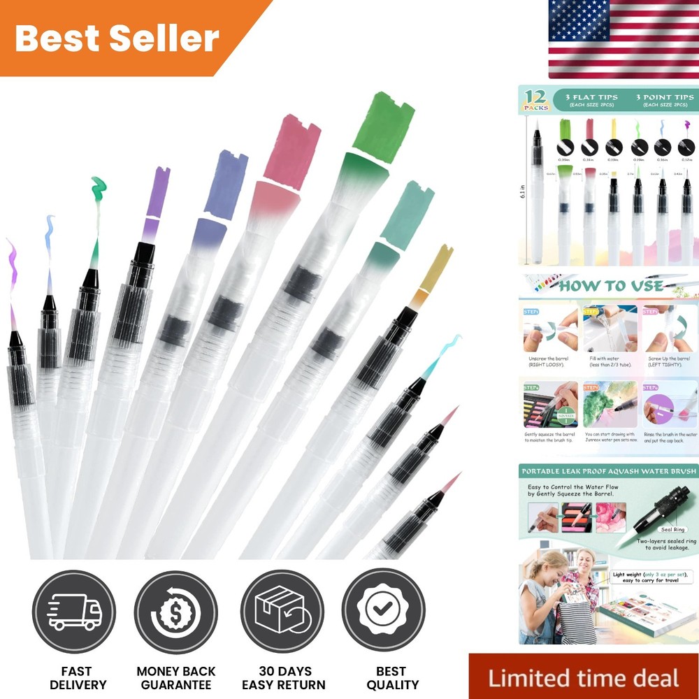 Junreox 12Pcs Watercolor Brush Pens, Leakproof Water Brush Pen with 6 As