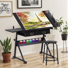Drafting Desk Drawing Table 9 Levels Adjustable angle w/ Stool Arts Crafts Black