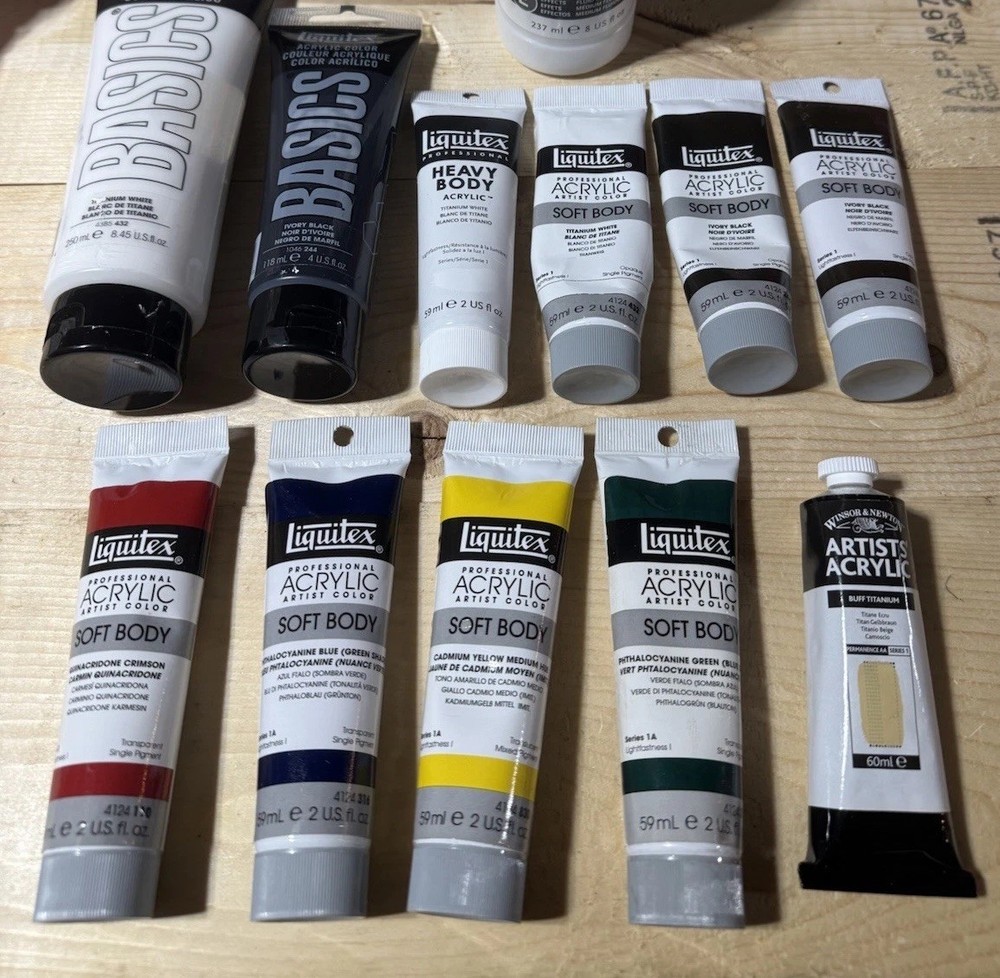 Lot 11 Liquitex Basics Acrylic Paints B & W & Colors Soft Heavy Body Buff Ti