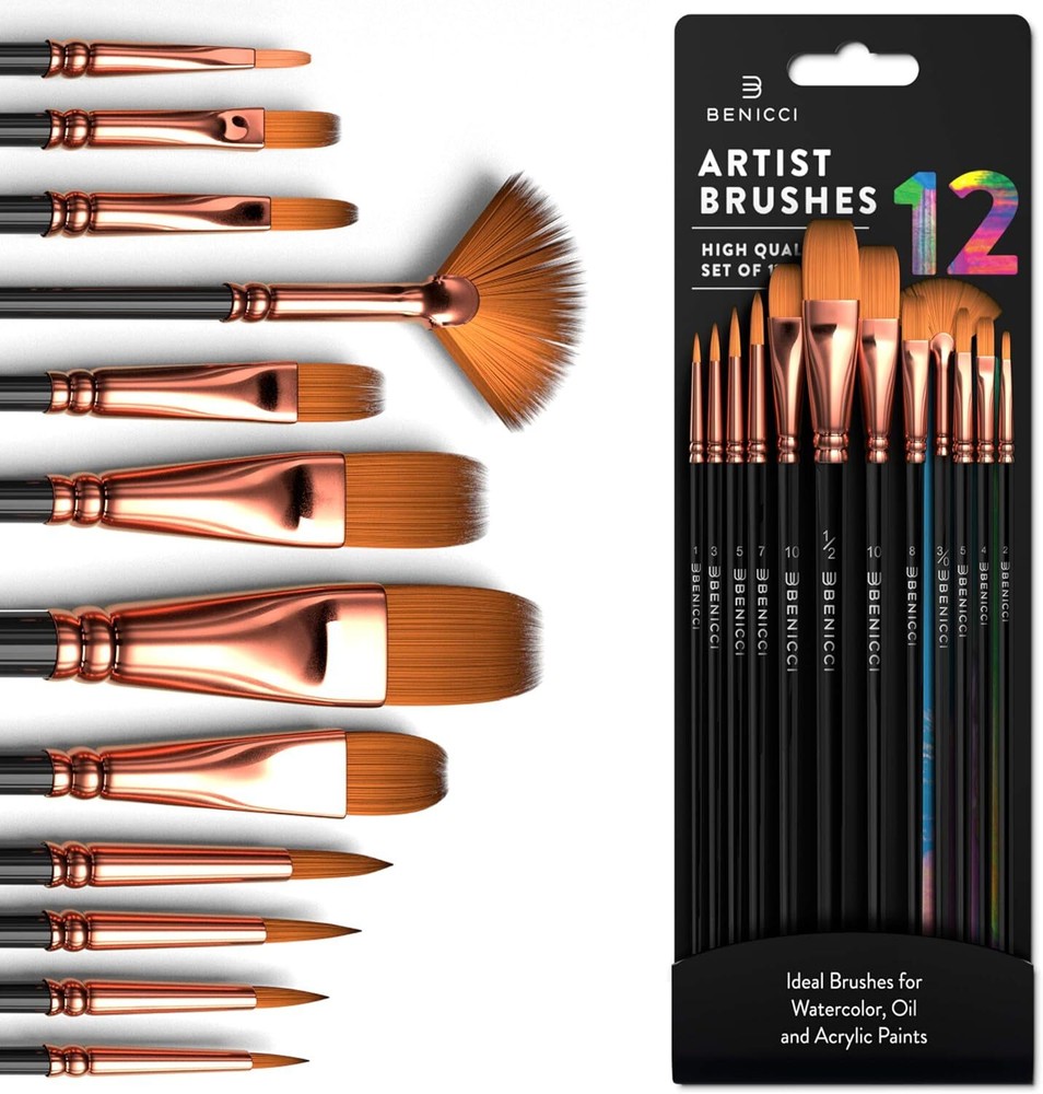 Professional Artist Paint Brush Set of 12 – 12, Black and Bronze