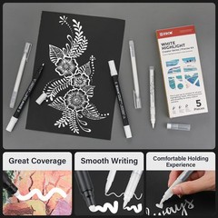 ZSCM 5 Pack White Acrylic Ink Pens for Drawing, Fine Point White Gel Pens, Op…