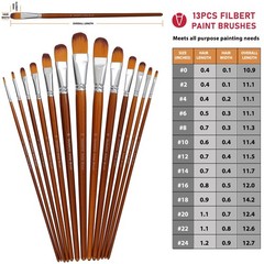 DUGATO Artist Filbert Paint Brushes Set 13pcs, 13pcs Brush Set, Brown