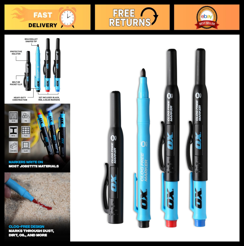 3-Pack Clog-Free Permanent Markers – Black, Red, Blue Felt Tip Pens for Wood, Me