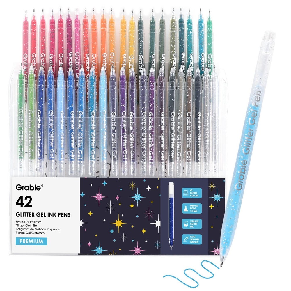 Grabie 42 Capped Glitter Gel Pen Set, 18 Iridescent&24 Essential Color Pens, Smo