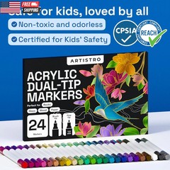 24 Metallic Acrylic Paint Markers – Paint Pens for Drawing, Brush + Fine Tips –