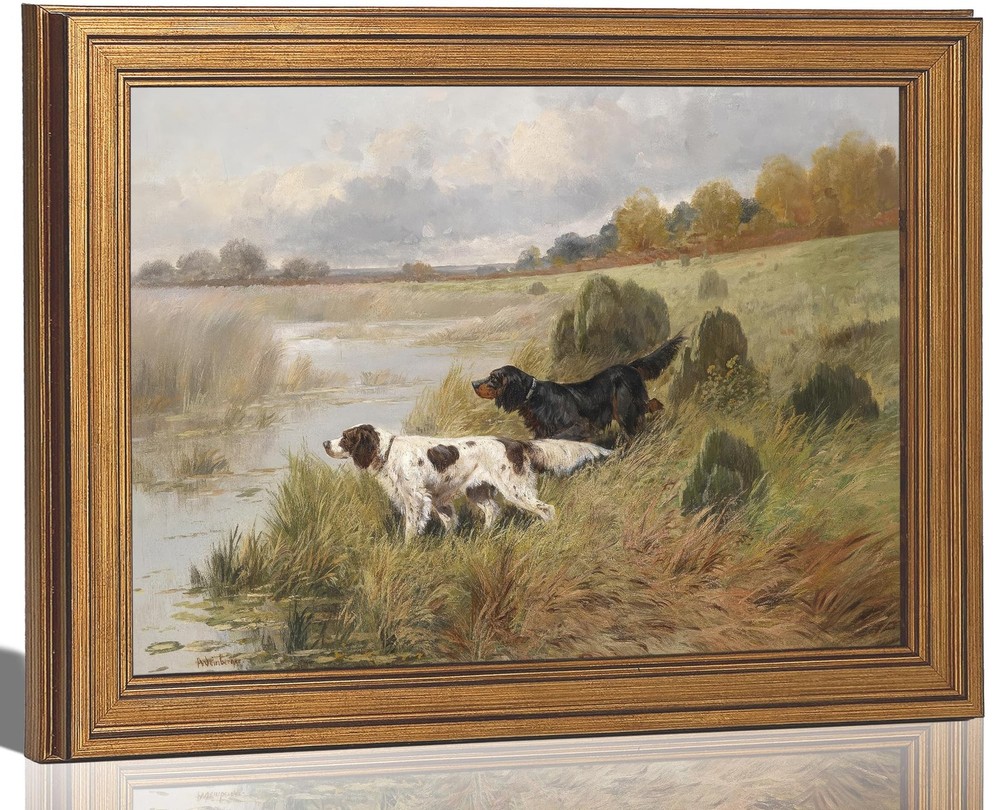 Vintage Golden Framed Canvas Wall Art Retro two Dog and River Painting Pictur…