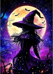 Witch Full Moon Purple Haze w Bats 5D Full Round Diamond Drill Gem Dot Art Kit !