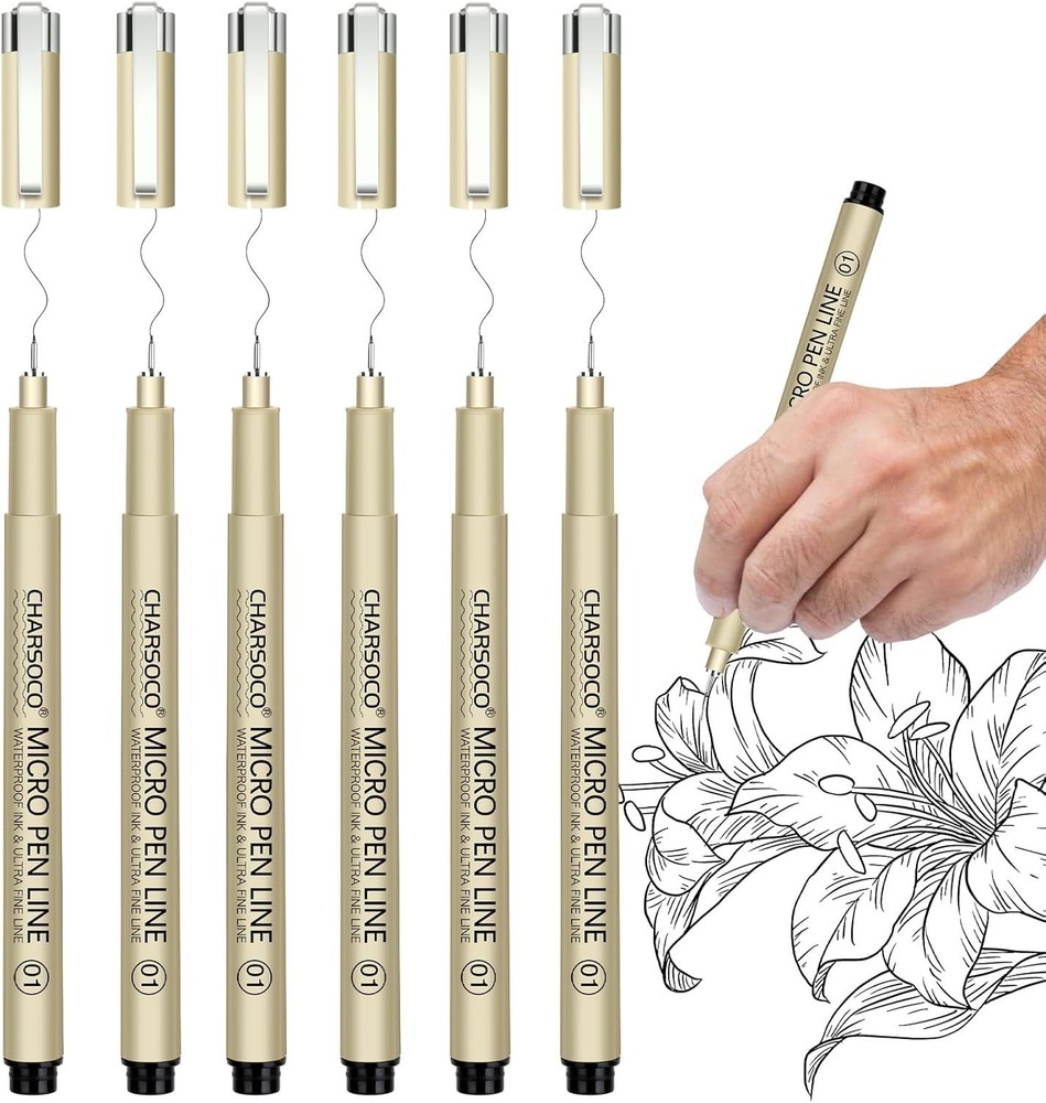 01 Micro Pen, 6 Pack Black Fine Point Pen with Waterproof Archival Ink, 0.25Mm F