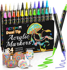 24 Color Dual Tip Acrylic Paint Markers Fine Point Brush Pens for Crafts