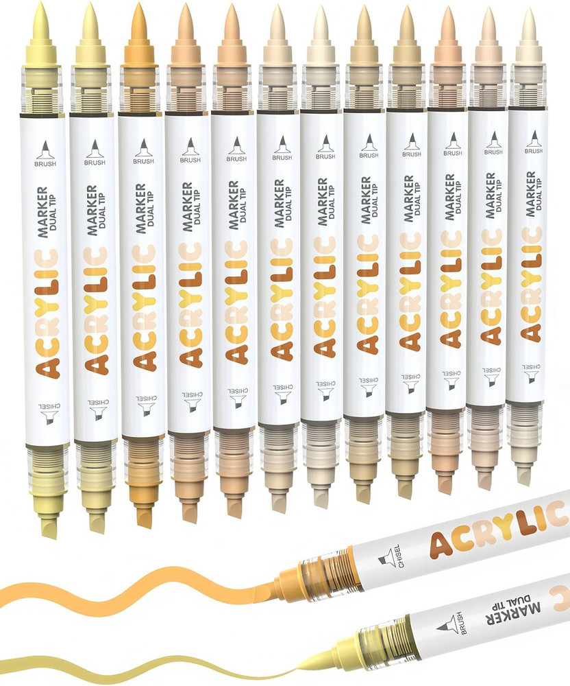 Guangna 12 Skin Tone Dual Tip Acrylic Paint Markers, Brush Tip & Chisel Tip Acry