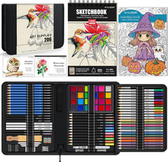 206 Drawing Set Sketching Kit,Art Supplies with 3-Color Sketchbook & Coloring Pa