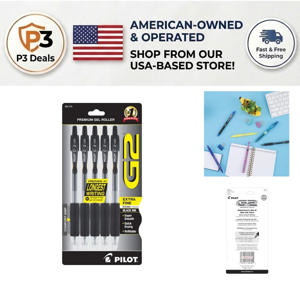G2 Refillable Roller Ball Gel Pens, 0.5mm Extra Fine Point – 5-Pack
