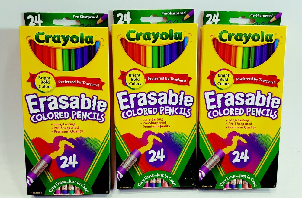 LOT OF 3 Crayola Erasable Colored Pencil Set 24-Colors NEW