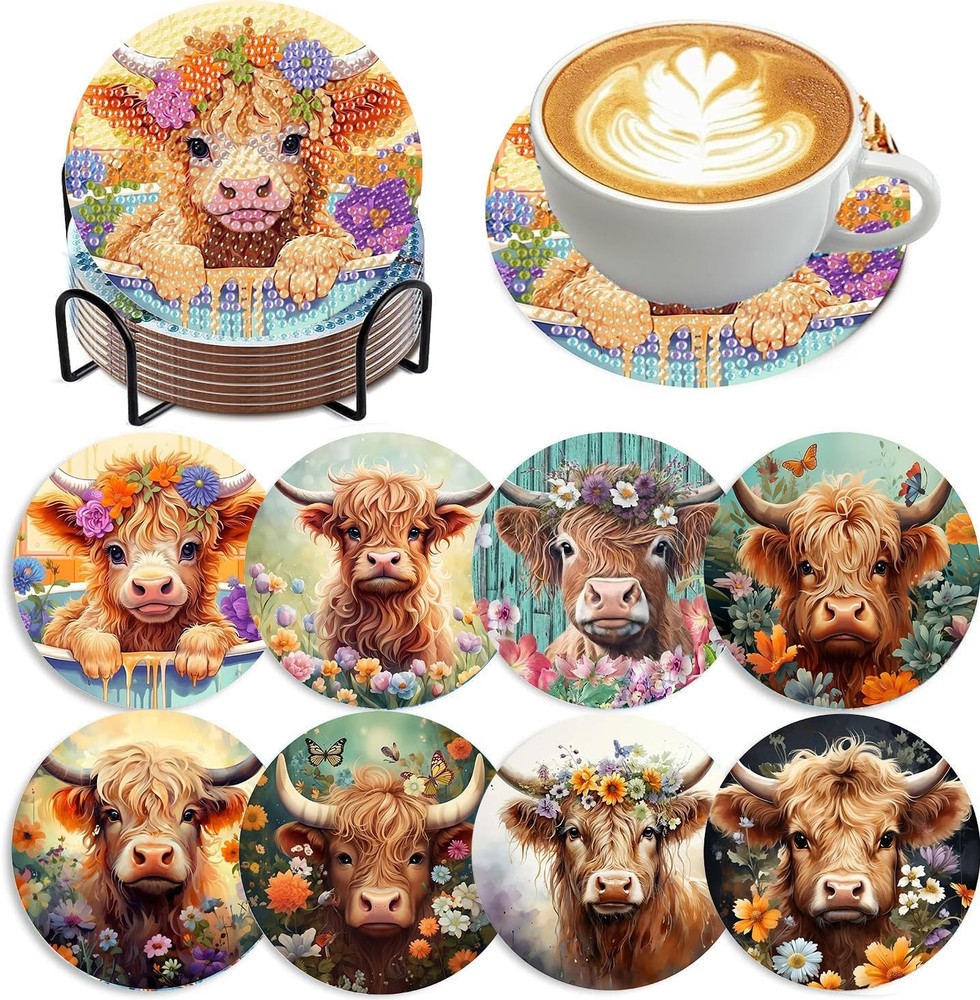8 Pack Diamond Art Coasters Kit Highland Cow DIY Coasters With Holder For Drinks