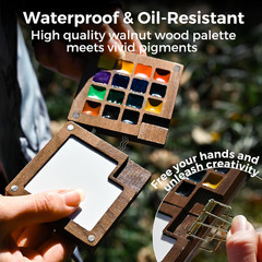 Mini Watercolor Paint Set, All-In-One Walnut Wood 15-Color Premium Pocket Travel