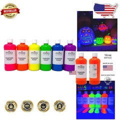 Fluorescent Neon Paint 6x16oz Bottles Washable Tempera UV Black Light Glow