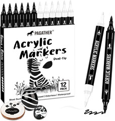 Pagather Black and White Acrylic Paint Markers, 12 Pack Dual Tip with Fine Tip a