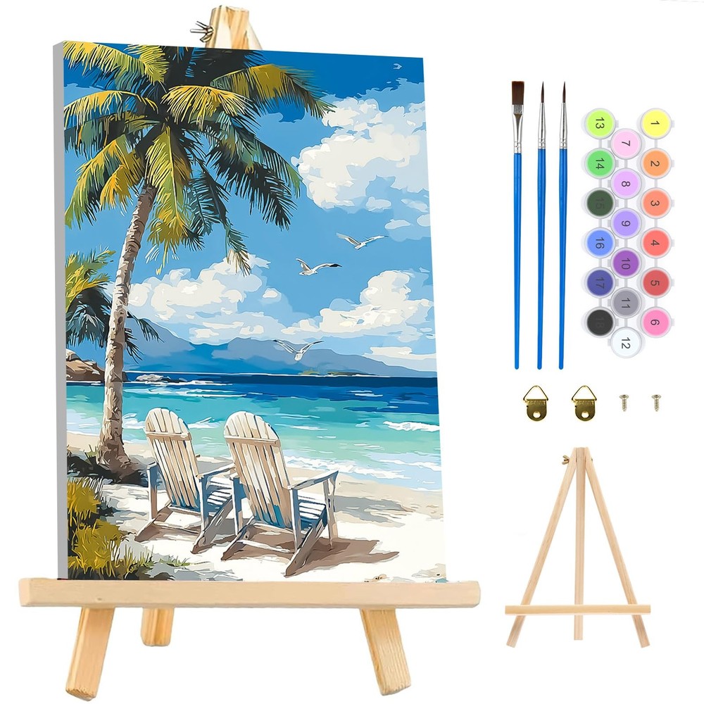 Framed Paint By Numbers Kits for Adults with Wooden Easel, DIY Beach Landscap…