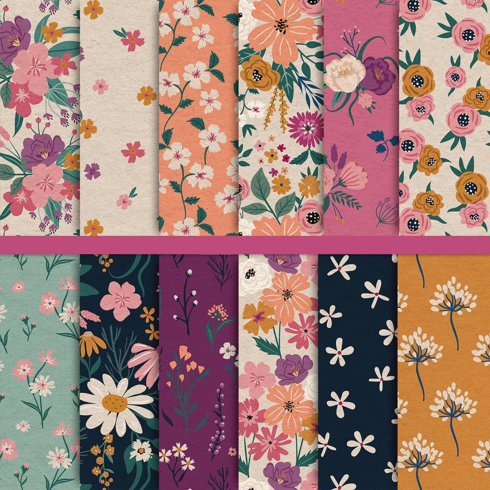 Whaline 24 Sheet Spring Floral Pattern Paper Pack 12 Pastel or Colors
