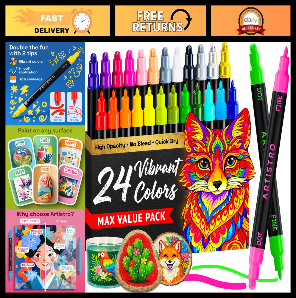 24 Dual-Tip Acrylic Paint Markers Set – Fine & Dot Tips for Fabric, Rock, Glass,