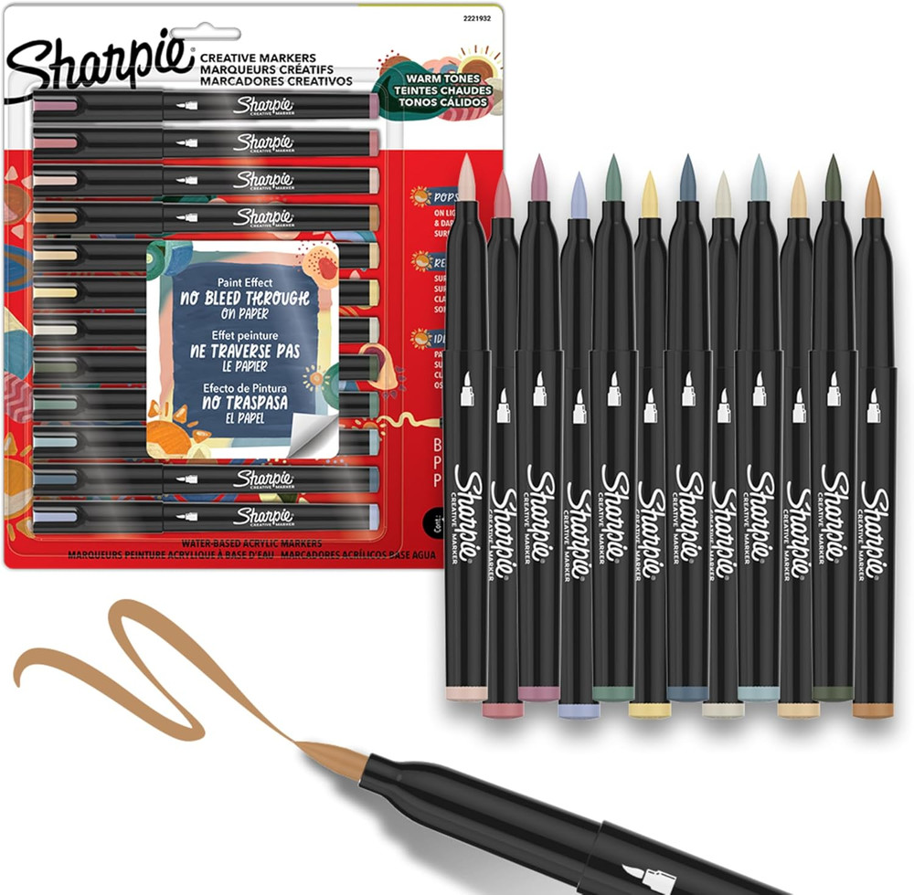 Sharpie Creative Markers, Warm Tones, Water-Based Acrylic Markers, Brush Tip, 12