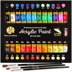 Acrylic Paint Set 24 Colors 12ml with 3 Brushes for Canvas & Crafts