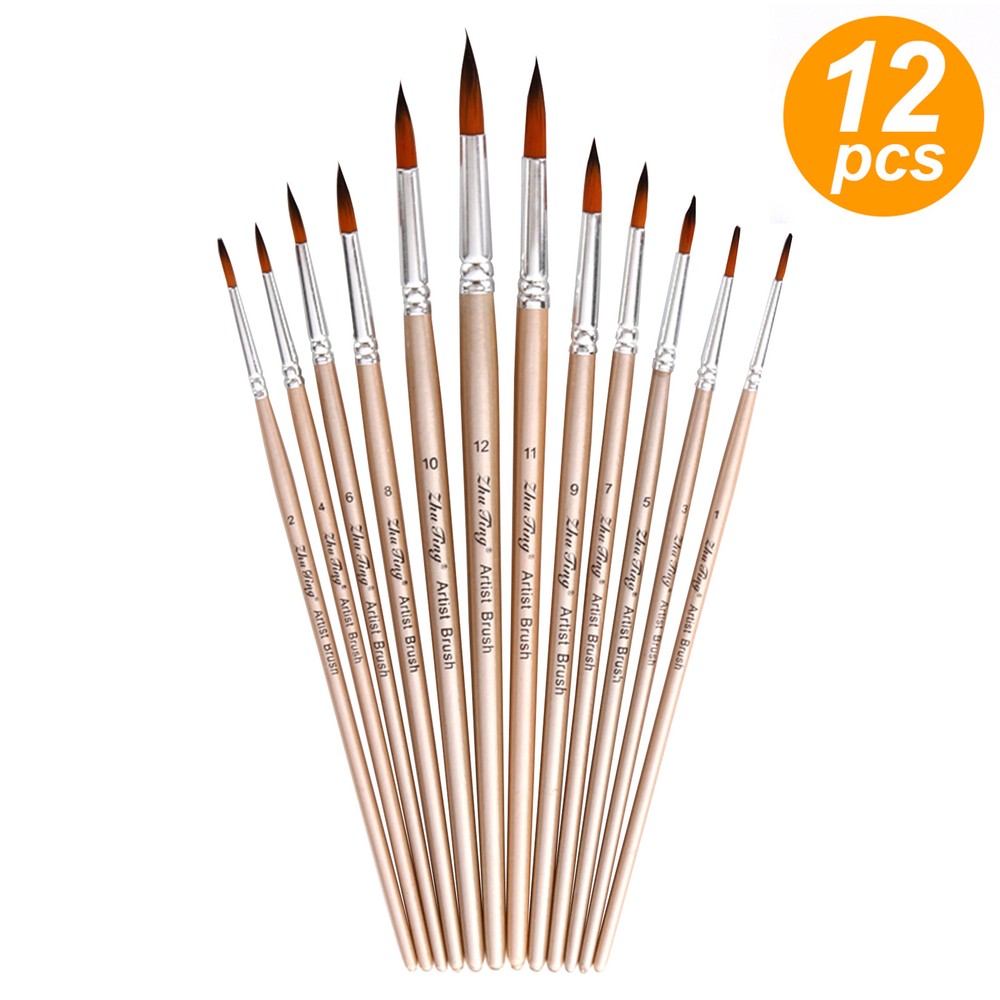 12pcs Paint Brushes Set Kit Round Pointed Tip Nylon Hair for Oil Artist Painting