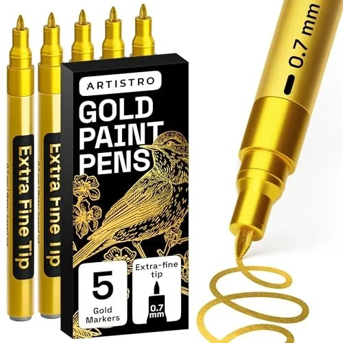 5 Paint Pen for Rock, Glass, Ceramic, Wood, Tire, Fabric, Gold Extra Fine Tip