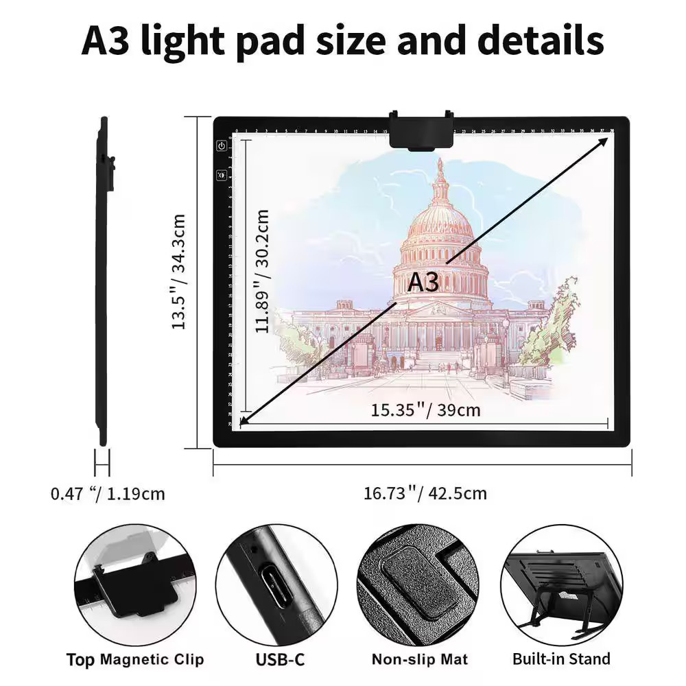 A3 LED Light Pad for Diamond Painting with Stand and Clip, 3 Colors Stepless Dim