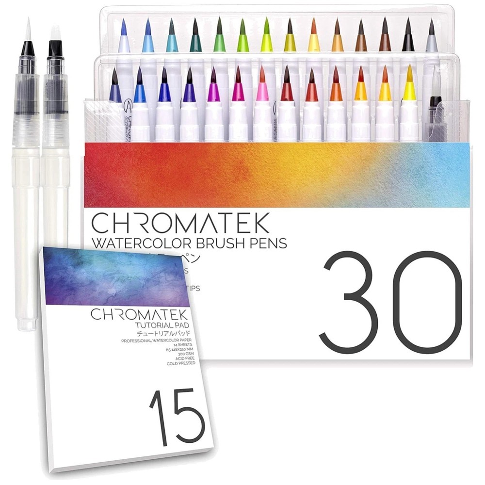 30 Watercolor Brush Pens Set | Tutorial Pad & Video Series