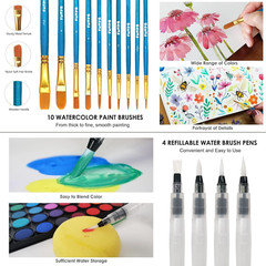 Funto Watercolor Set, 48 Color Paint Set, 10 Brushes, 30 Page Pad(9″X12″), 4 Ref