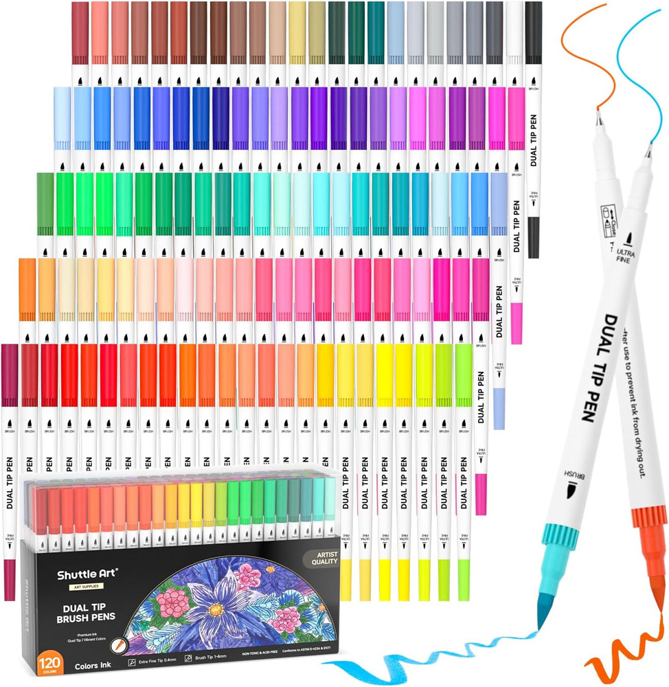 120 Colors Dual Tip Brush Marker Pens with 1 Coloring Book, Fineliner and Brush