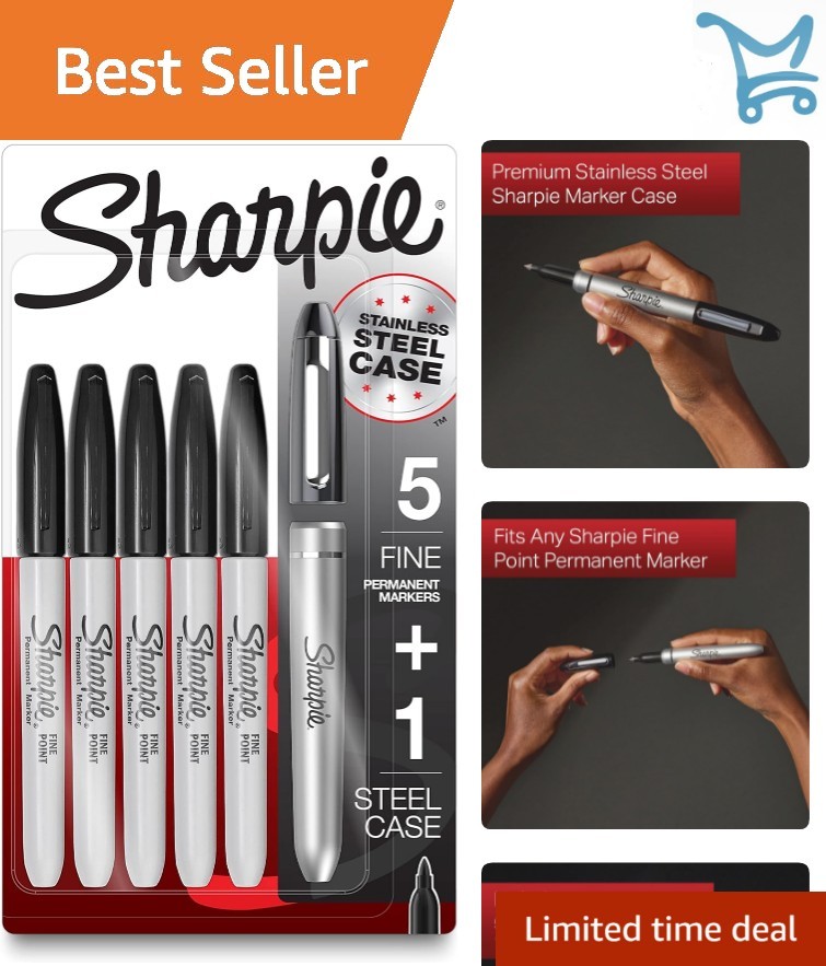 Permanent Markers Fine Point Black 6 Pack with Stainless Steel Case for Metal…