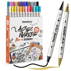 24 Colors Fine and Brush Dual-tip Acrylic Paint Marker Pen Set for Canvas Roc…
