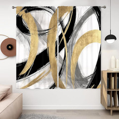 Abstract Modern Line Curtains 42W X 63L Inch Black Gold Gray Minimalist Contempo